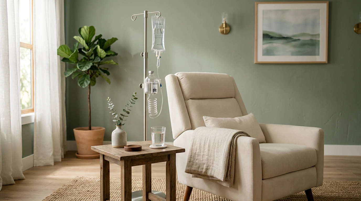 Restorative infusion corner with linen throw and soft daylight