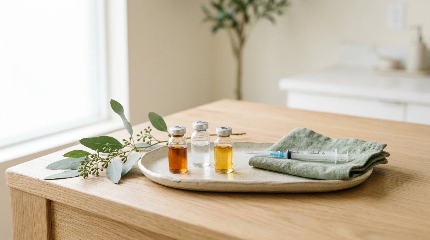 Clinical tray with glass vials, sage linen, and a sprig of eucalyptus